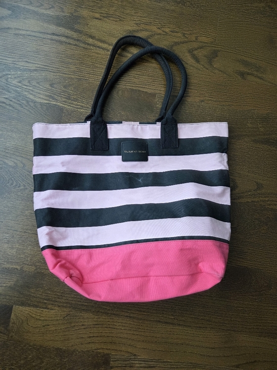 Victoria's Secret Handbags - Victoria's Secret Pink, Hot Pink & Black Striped Canvas Tote